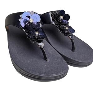 FitFlop Lulu Wildflower Navy Sequin Thong Sandals Shoes Women US Sz 6 Comfort EC